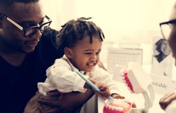A child playfully brushes a large dental model of teeth, held by an adult, in a bright room.