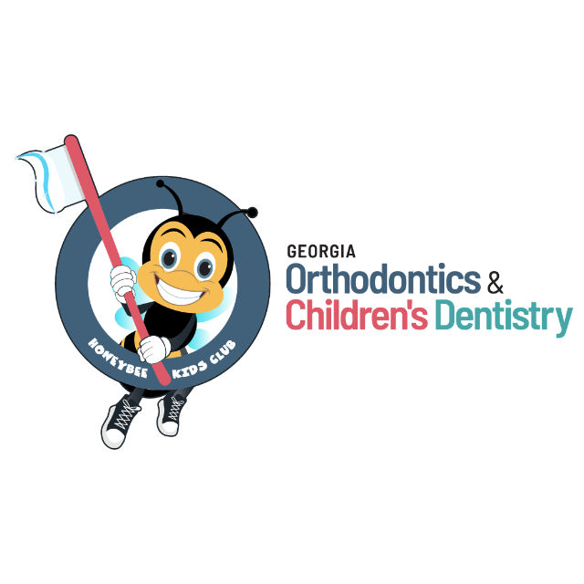 Cartoon bee with a toothbrush and sneakers, in a circle labeled "Honeybee Kids Club." Text reads "Georgia Orthodontics & Children's Dentistry.