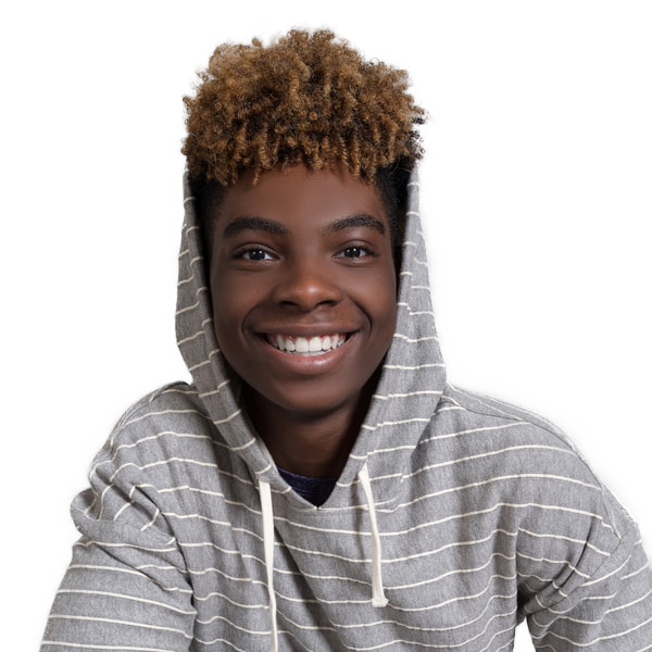 Person smiling, wearing a gray striped hoodie against a plain background.
